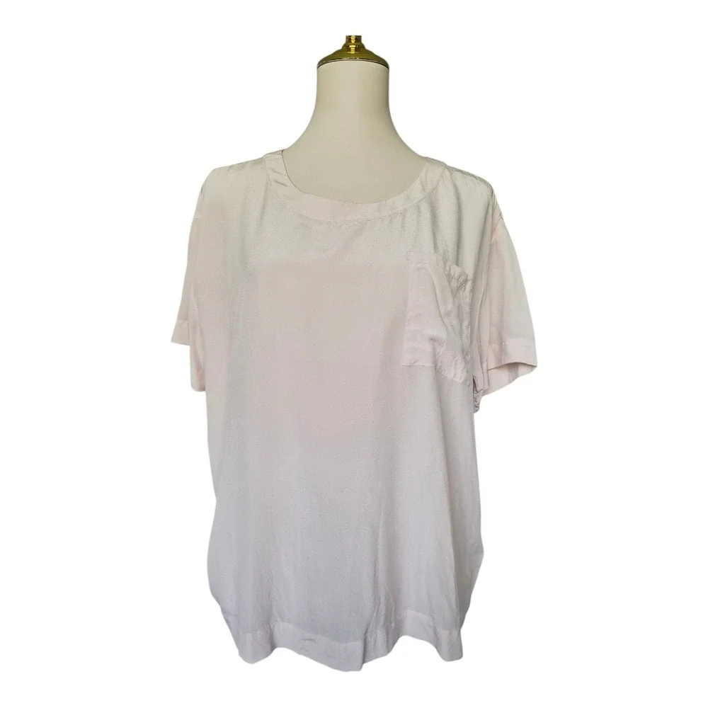 Club Monaco 100% Silk Blouse Womens L Pink Short‎ Sleeve Pocket Top Minimalist